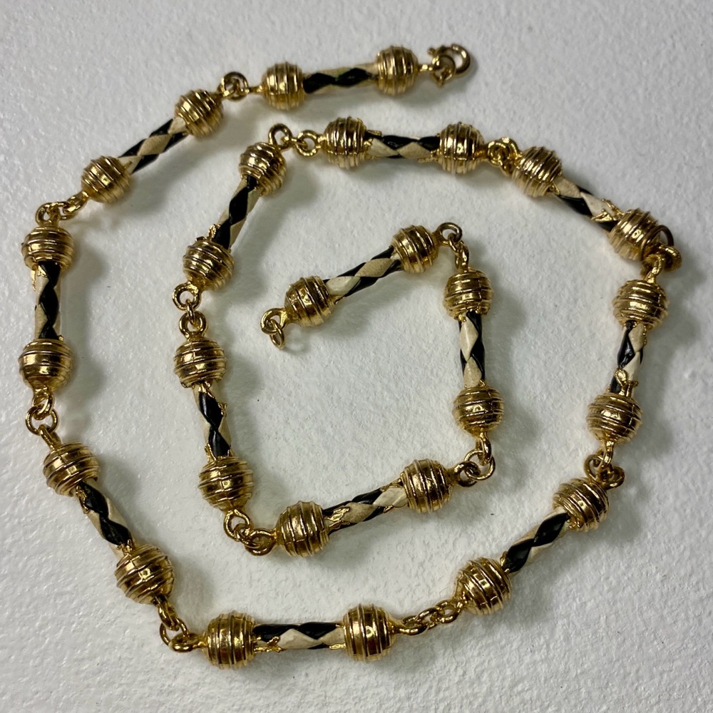 22" Long Heavy Gold Tone Chain Necklace with Black and White Letter Twist Links
